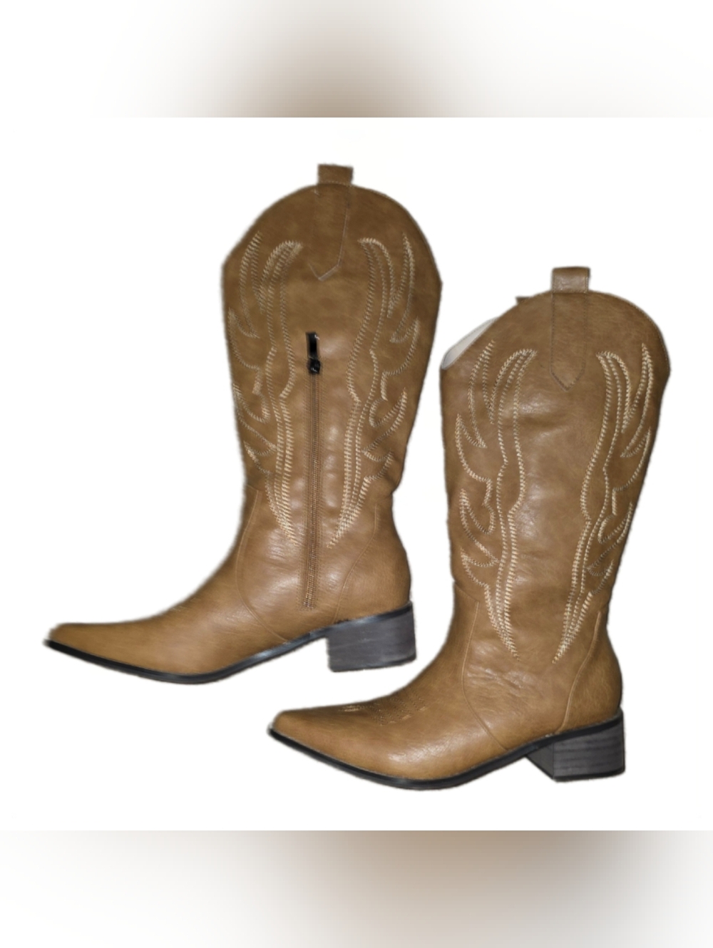Pointed Toe Chunky Heel Western Boots, Mid Calf Embroidered, Side Zip - Size 9 - Picture 3 of 16
